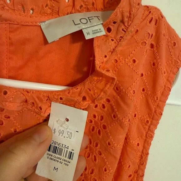 LOFT - Coral Eyelet Mini Dress with Pockets – Sleeveless Tiered – NWT – Size M - Picture 7 of 9